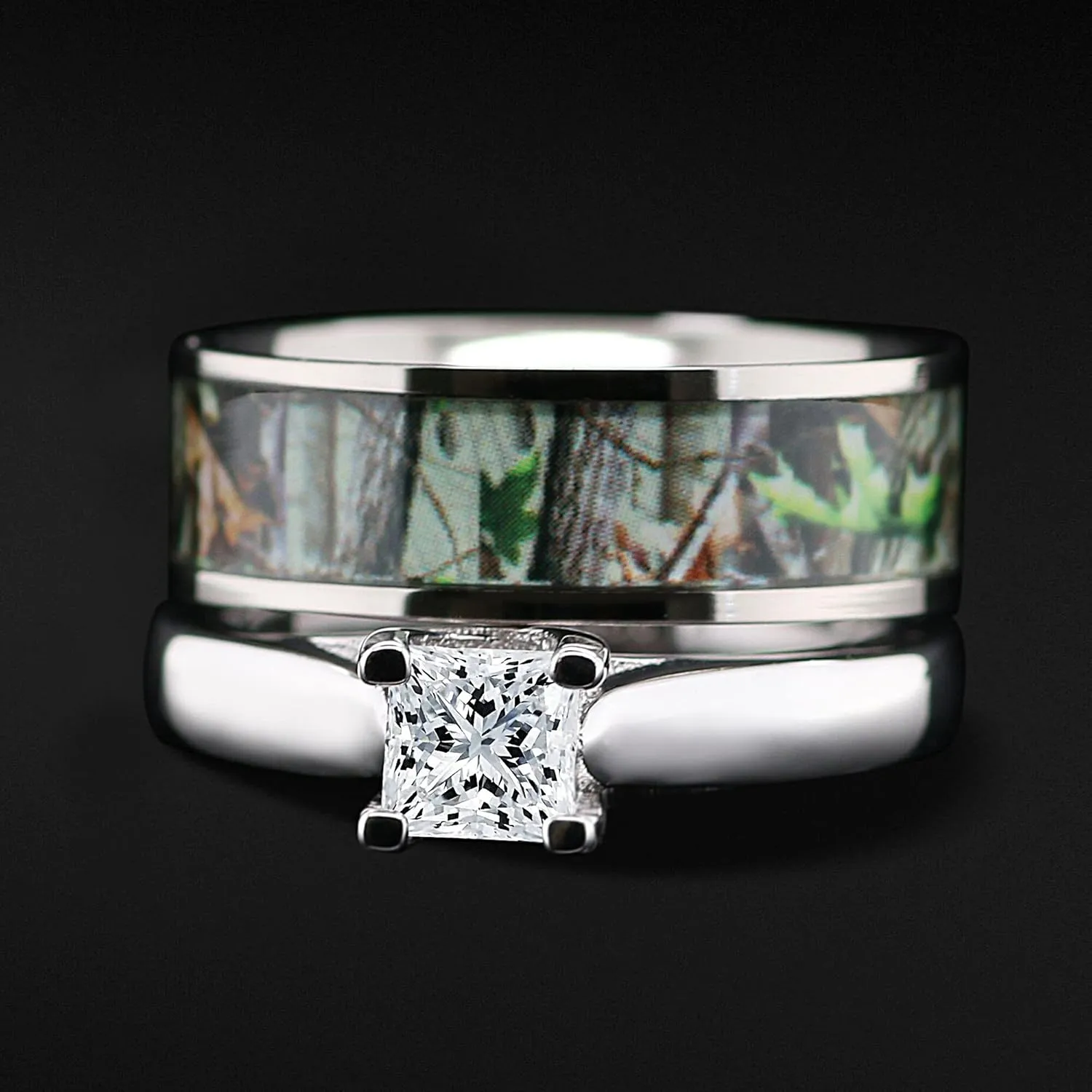 Camo Wedding Rings Set His and Hers 3 Rings Set, Stainless Steel and Titanium