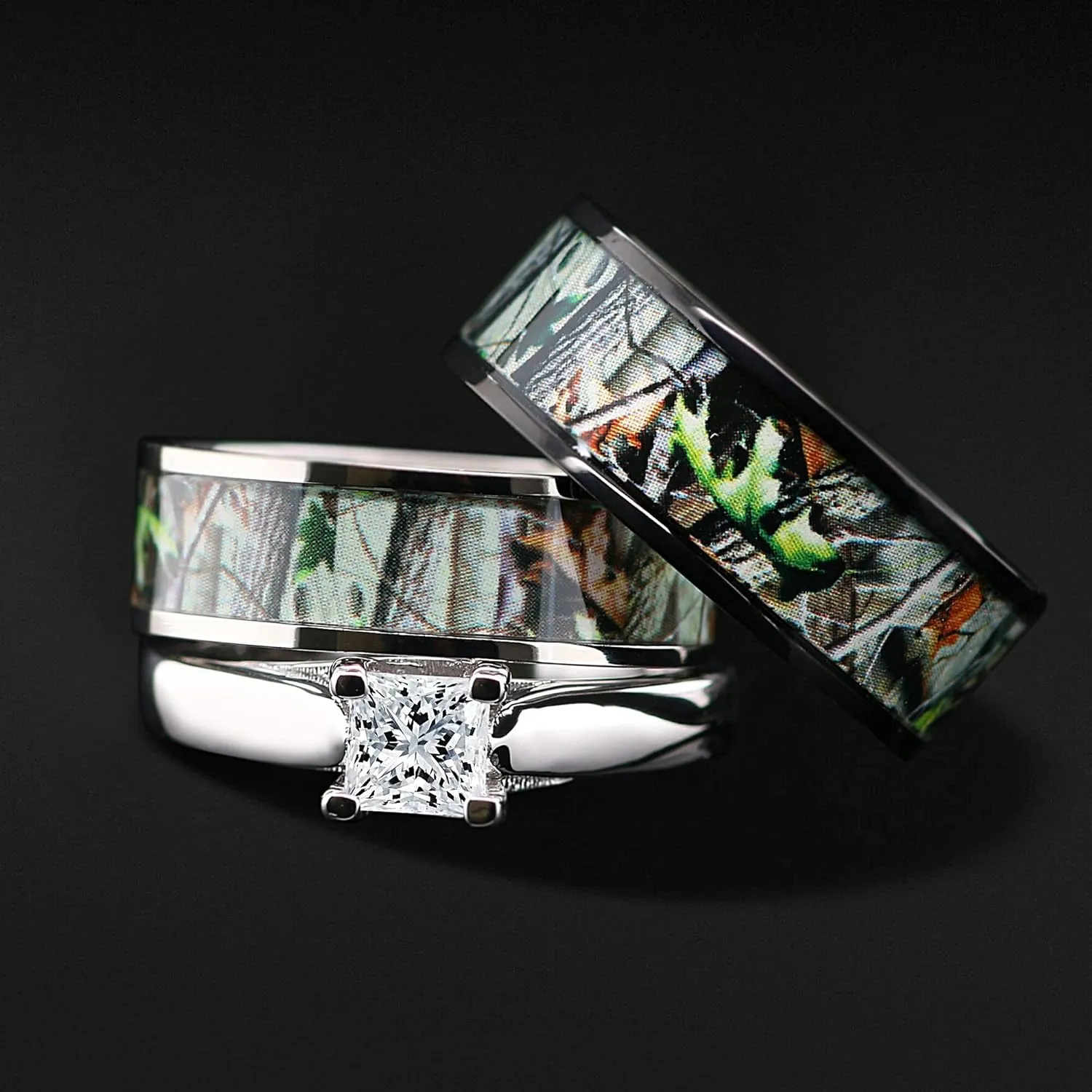 Camo Wedding Rings Set His and Hers 3 Rings Set, Stainless Steel and Titanium