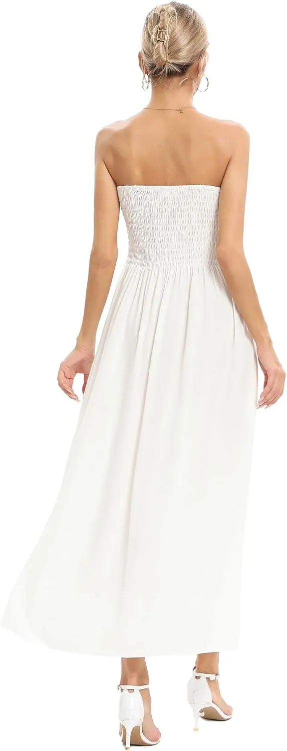 Capuffy Women's Strapless Boho Beach Dress Sleeveless Tube 2025 Summer A Line Sundress with Pockets Flowy Swing Maxi Dress 33
