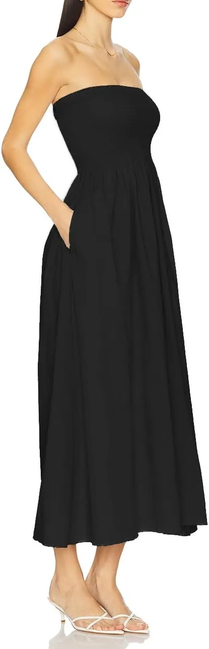Capuffy Women's Strapless Boho Beach Dress Sleeveless Tube 2025 Summer A Line Sundress with Pockets Flowy Swing Maxi Dress 33