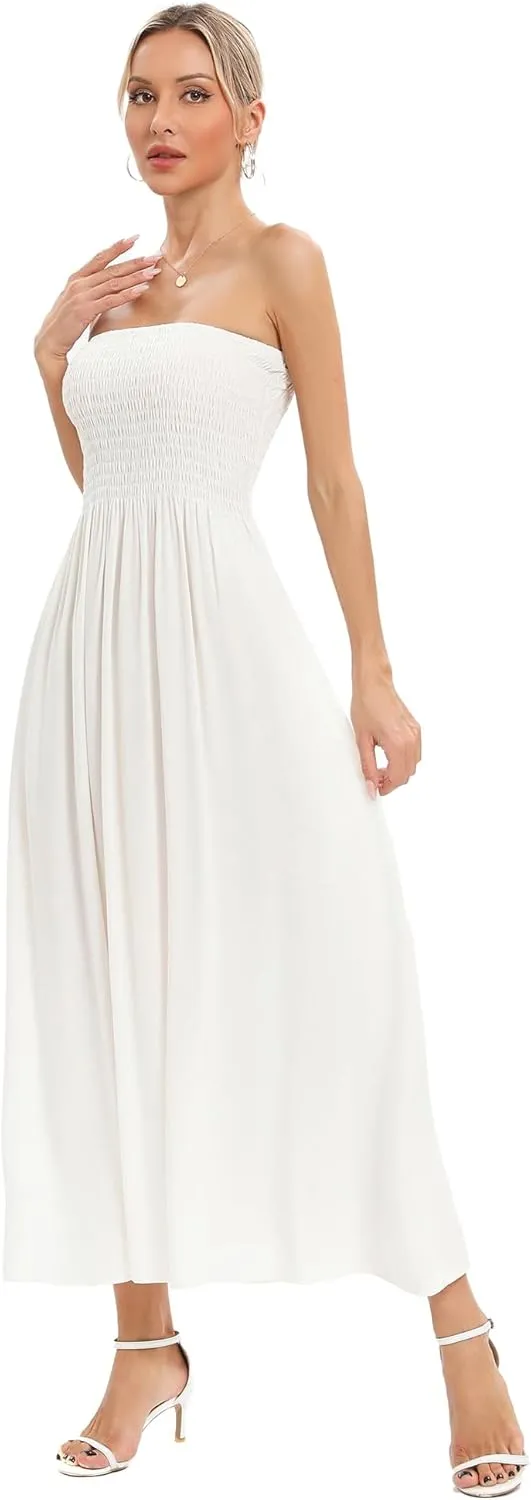 Capuffy Women's Strapless Boho Beach Dress Sleeveless Tube 2025 Summer A Line Sundress with Pockets Flowy Swing Maxi Dress 33