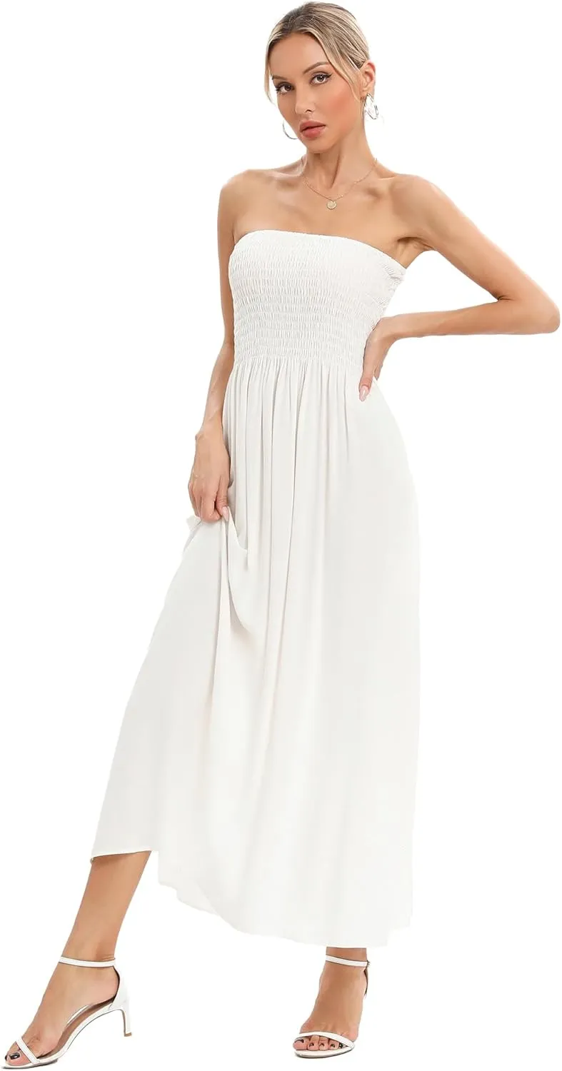 Capuffy Women's Strapless Boho Beach Dress Sleeveless Tube 2025 Summer A Line Sundress with Pockets Flowy Swing Maxi Dress 33