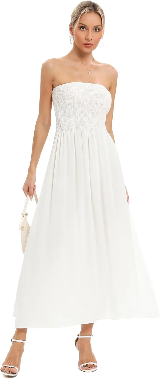 Capuffy Women's Strapless Boho Beach Dress Sleeveless Tube 2025 Summer A Line Sundress with Pockets Flowy Swing Maxi Dress 33