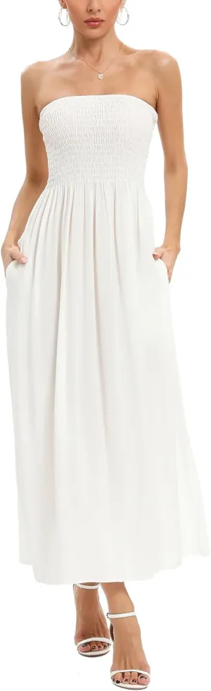 Capuffy Women's Strapless Boho Beach Dress Sleeveless Tube 2025 Summer A Line Sundress with Pockets Flowy Swing Maxi Dress 33