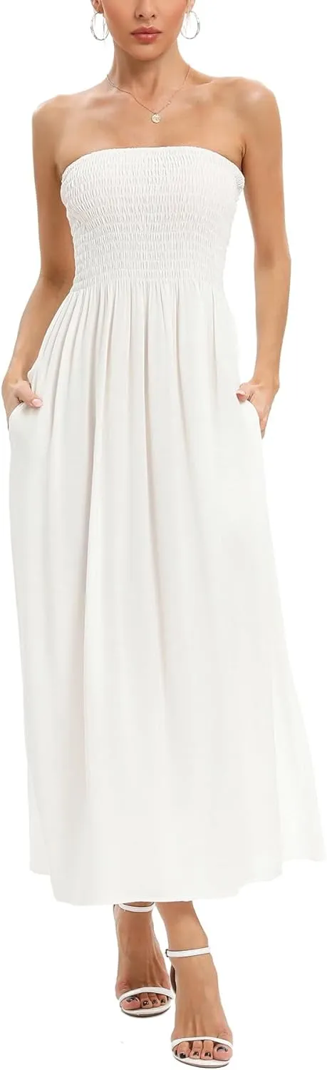 Capuffy Women's Strapless Boho Beach Dress Sleeveless Tube 2025 Summer A Line Sundress with Pockets Flowy Swing Maxi Dress 33
