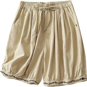 Casual Linen Shorts for Women High Waisted Wide Leg Drawstring Shorts Summer Embroidery Beach Shorts 2025 Outfit