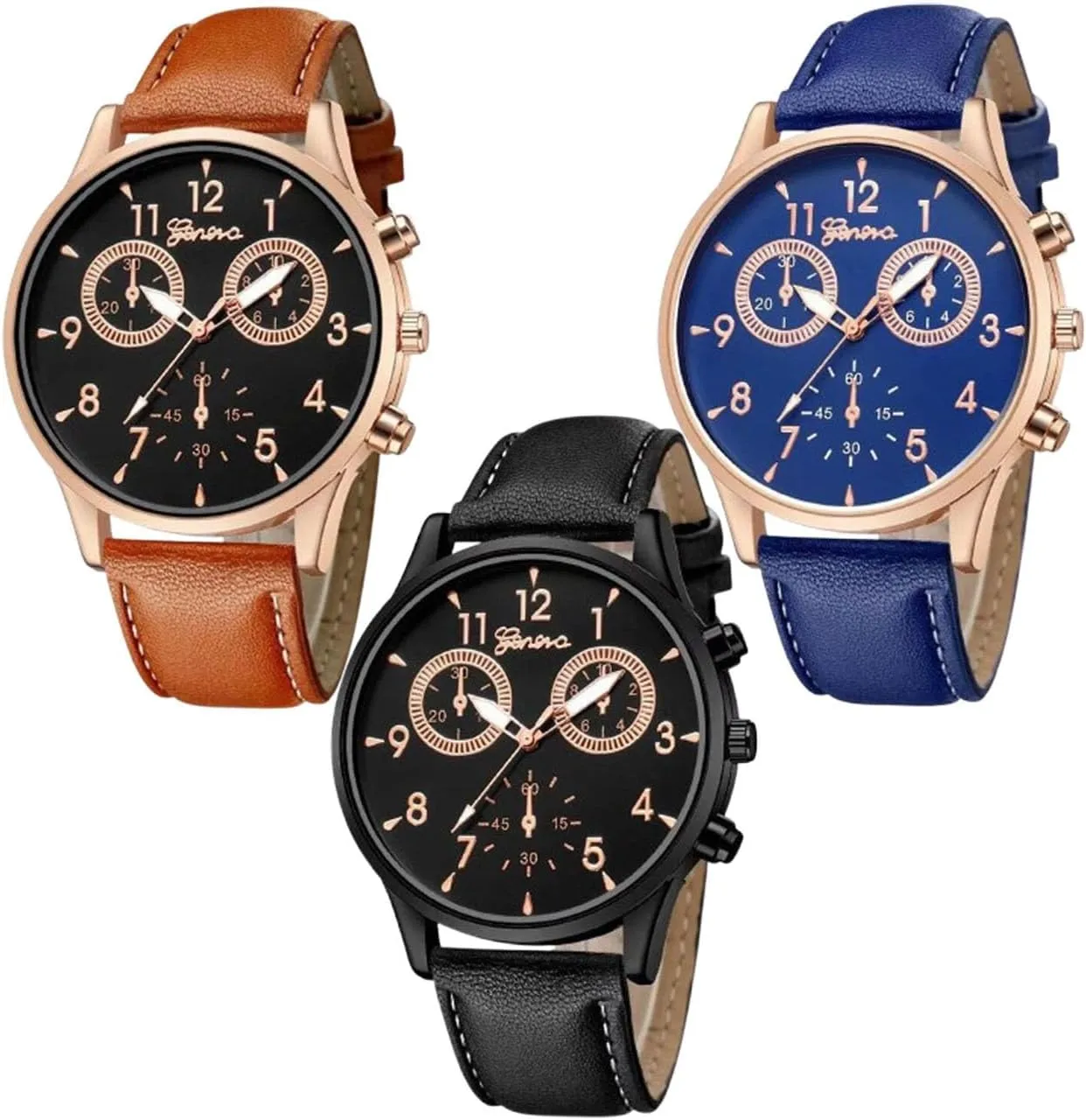 CdyBox Wholesale PU Leather Strap Casual Business Work Watch 3 Pack Analog Quartz Dress Wrist Watches for Men