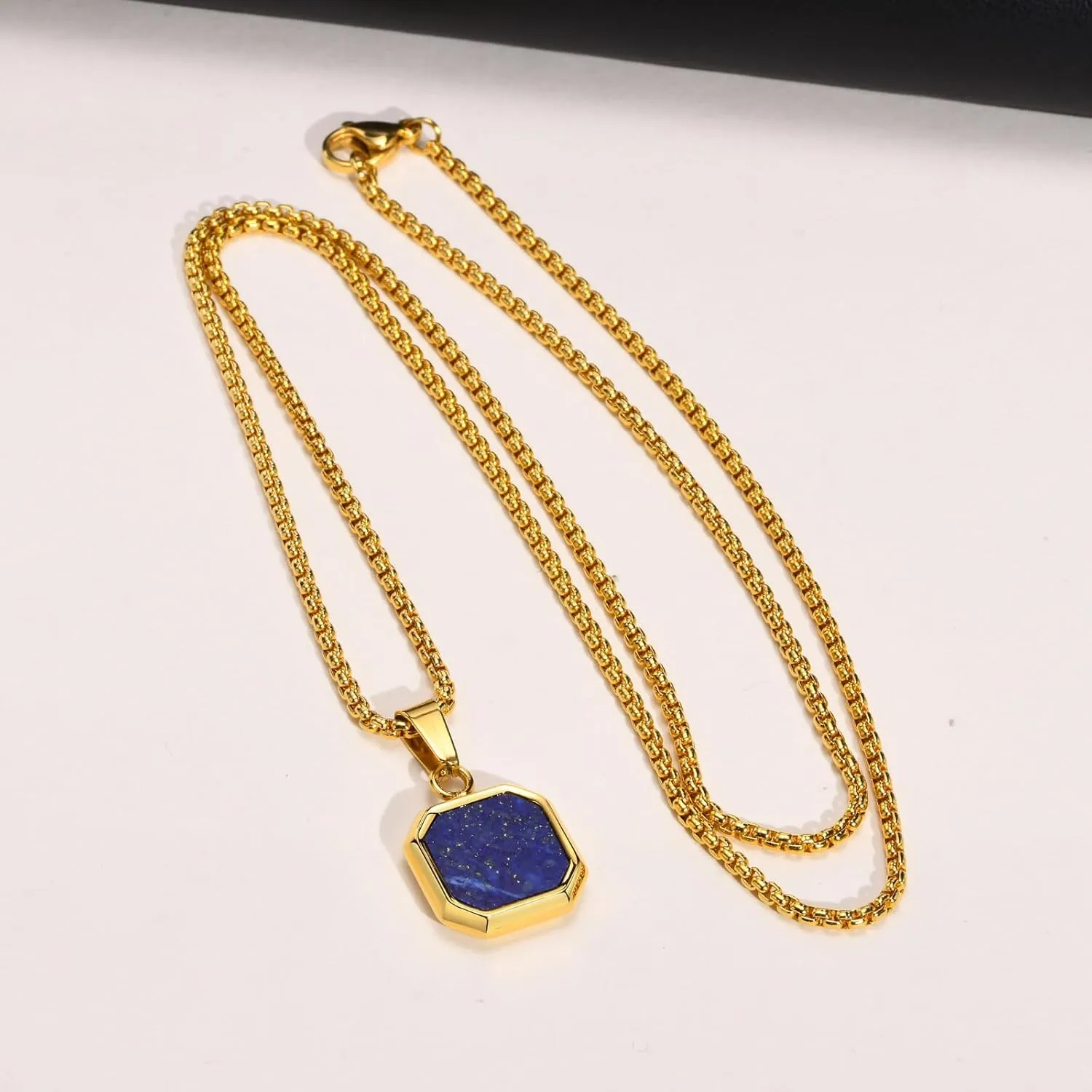 Christ Cross Bible Quote Pendant Bible Verses Square Necklace Stainless Steel inlay Lapis Lazuli & Gold Plated Christian Gift Teen Adult for Baptism, Chain 24"/26"/28"/30"
