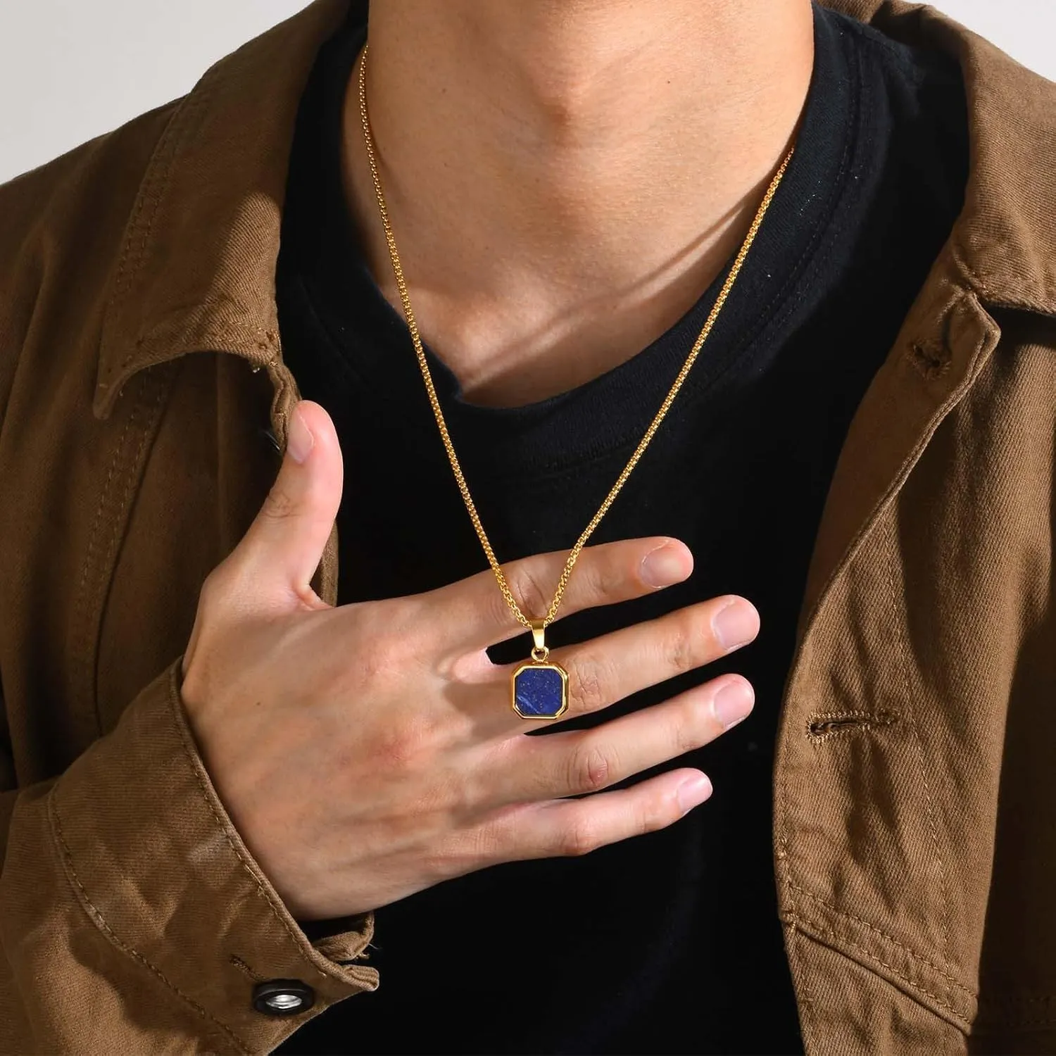 Christ Cross Bible Quote Pendant Bible Verses Square Necklace Stainless Steel inlay Lapis Lazuli & Gold Plated Christian Gift Teen Adult for Baptism, Chain 24"/26"/28"/30"