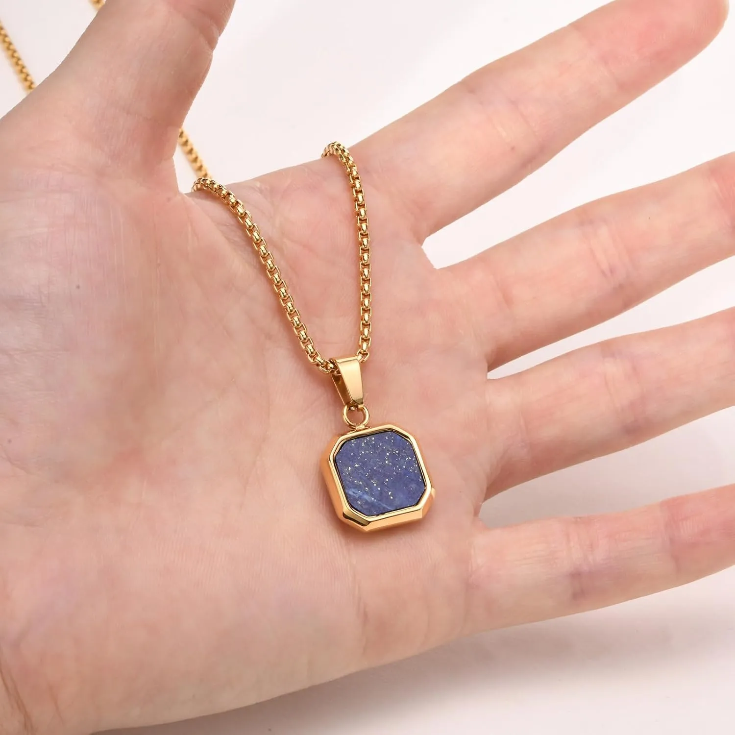 Christ Cross Bible Quote Pendant Bible Verses Square Necklace Stainless Steel inlay Lapis Lazuli & Gold Plated Christian Gift Teen Adult for Baptism, Chain 24"/26"/28"/30"