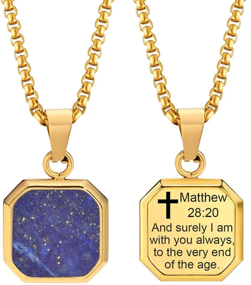 Christ Cross Bible Quote Pendant Bible Verses Square Necklace Stainless Steel inlay Lapis Lazuli & Gold Plated Christian Gift Teen Adult for Baptism, Chain 24"/26"/28"/30"