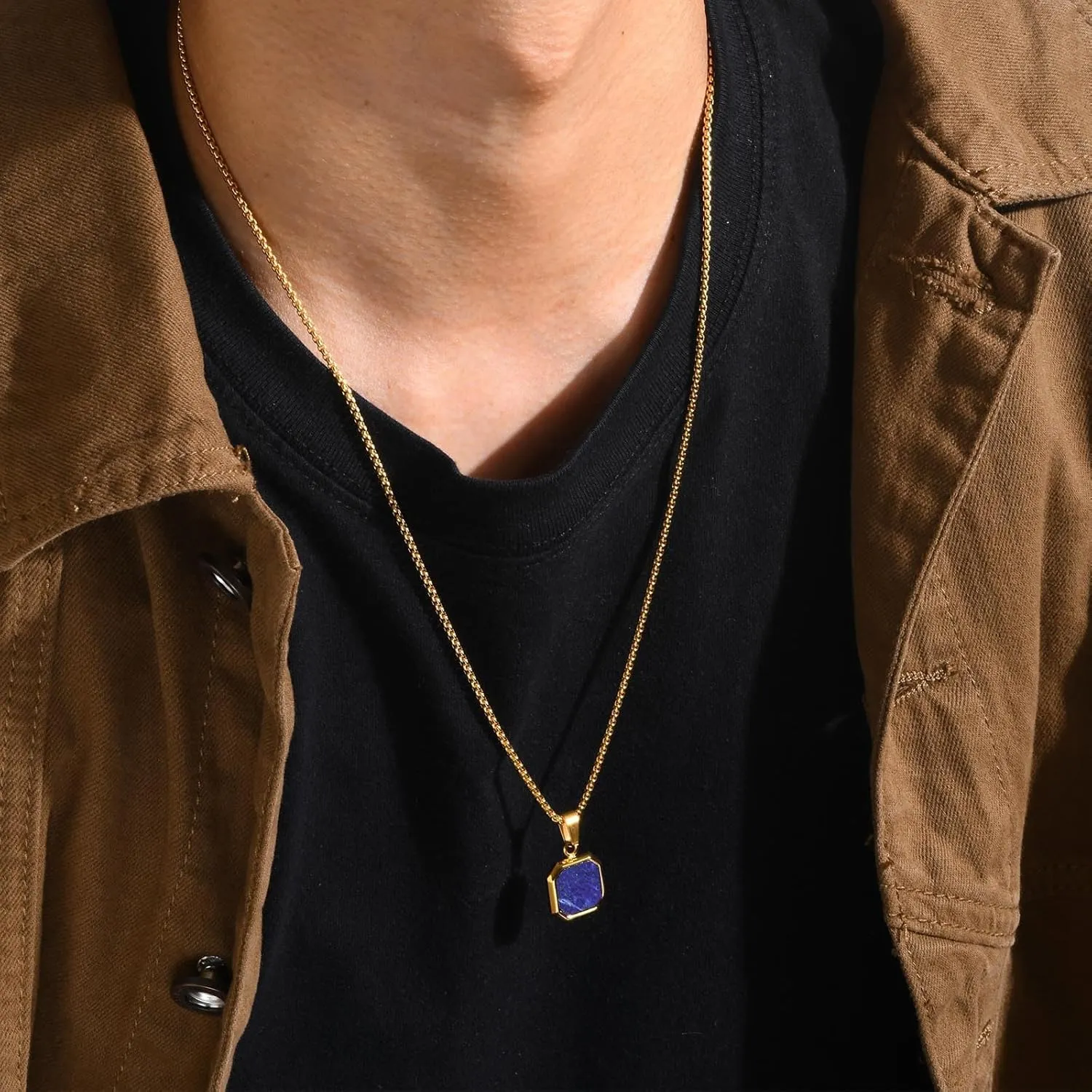 Christ Cross Bible Quote Pendant Bible Verses Square Necklace Stainless Steel inlay Lapis Lazuli & Gold Plated Christian Gift Teen Adult for Baptism, Chain 24"/26"/28"/30"