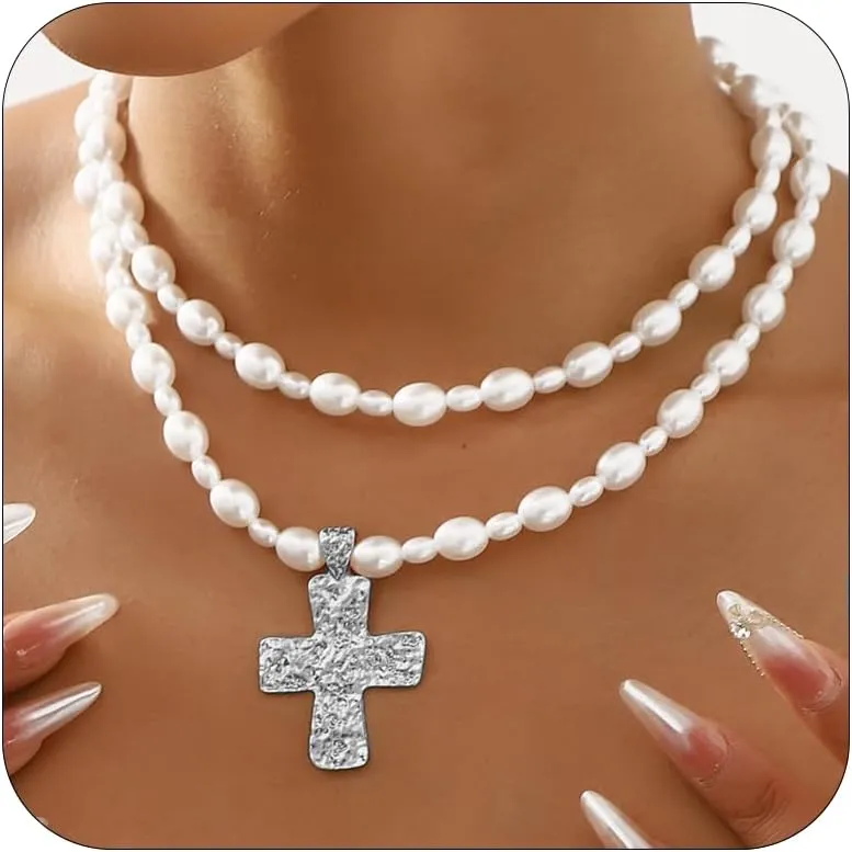 Chunky Gold Cross Necklace for Women Hammered Bold Cross Necklace Statement Necklace Jewelry