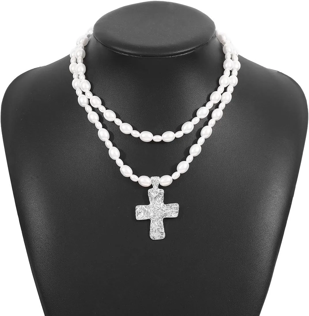 Chunky Gold Cross Necklace for Women Hammered Bold Cross Necklace Statement Necklace Jewelry