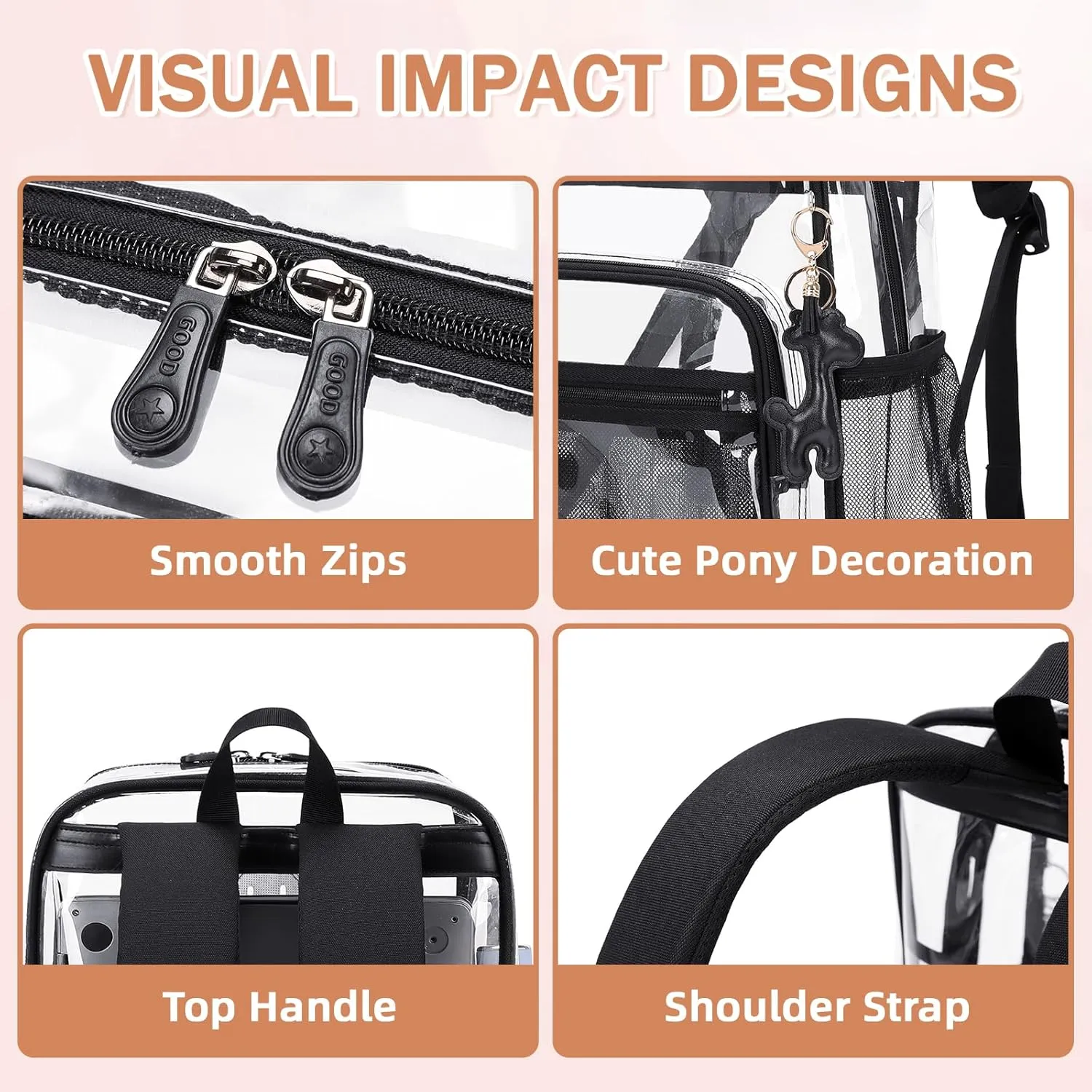 Clear Backpack Heavy Duty Transparent Backpack for School Clear Bags with Wider Shoulder Straps See Through Plastic Bags Sport Events Concert Stadium-Black Transparent
