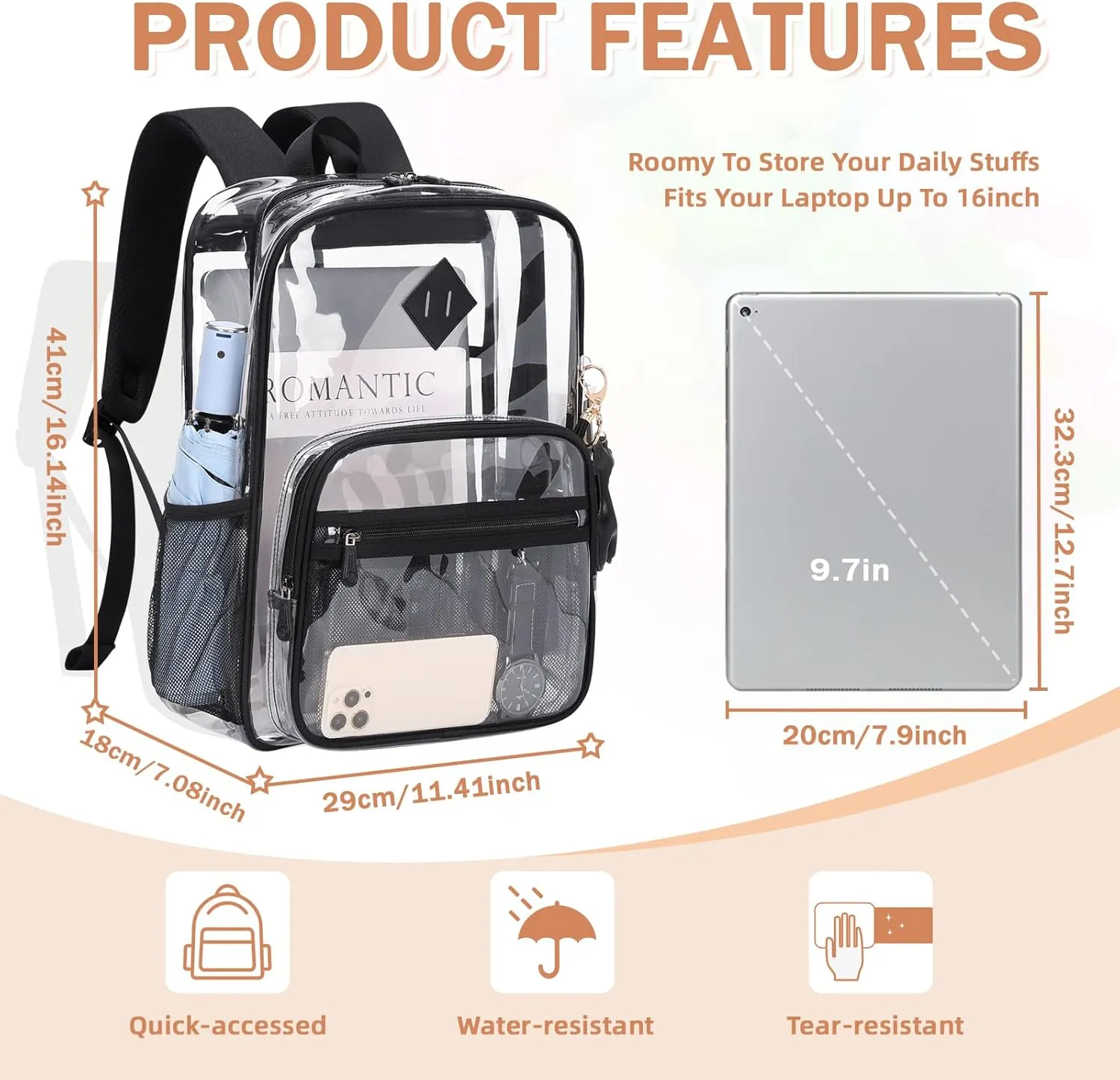 Clear Backpack Heavy Duty Transparent Backpack for School Clear Bags with Wider Shoulder Straps See Through Plastic Bags Sport Events Concert Stadium-Black Transparent