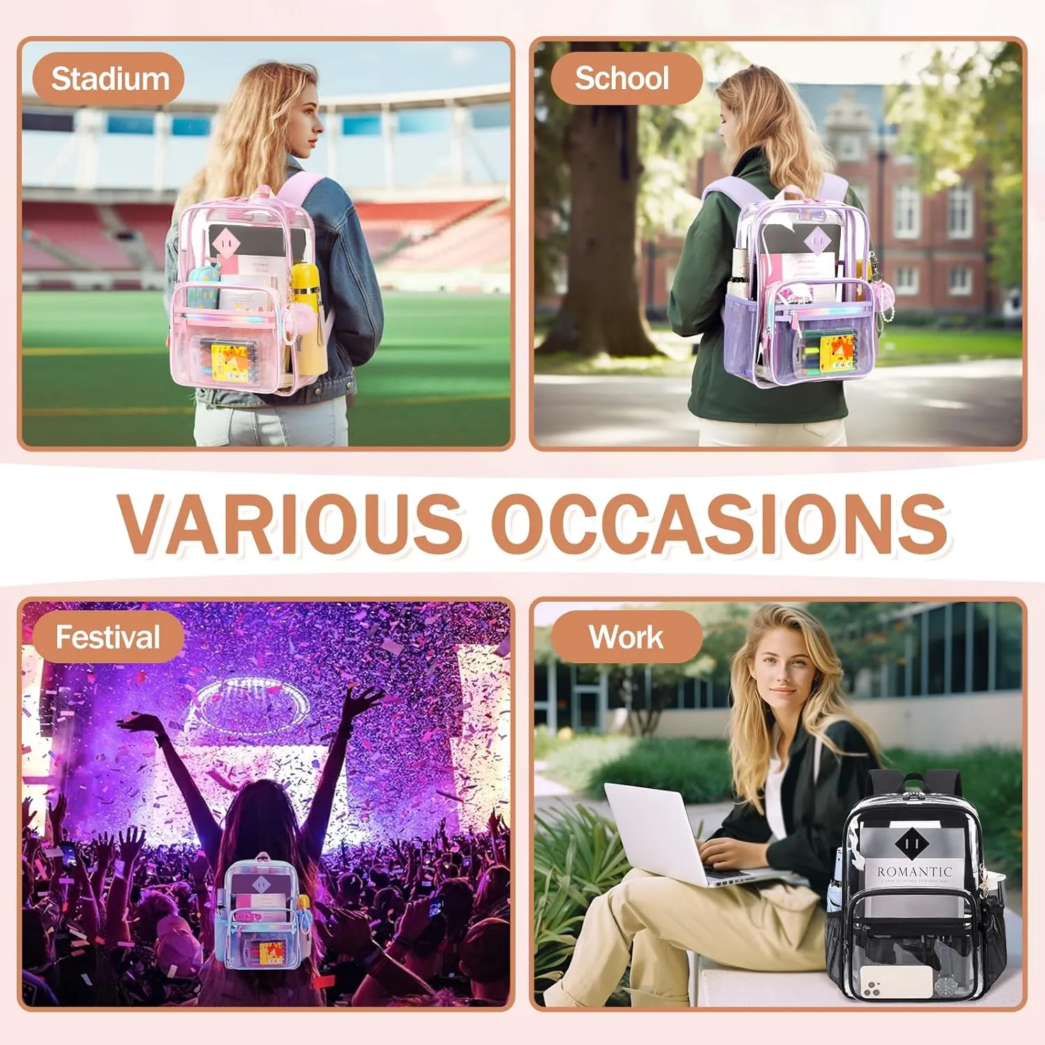 Clear Backpack Heavy Duty Transparent Backpack for School Clear Bags with Wider Shoulder Straps See Through Plastic Bags Sport Events Concert Stadium-Black Transparent