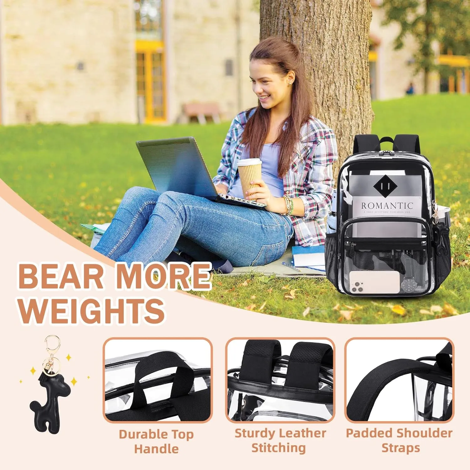Clear Backpack Heavy Duty Transparent Backpack for School Clear Bags with Wider Shoulder Straps See Through Plastic Bags Sport Events Concert Stadium-Black Transparent