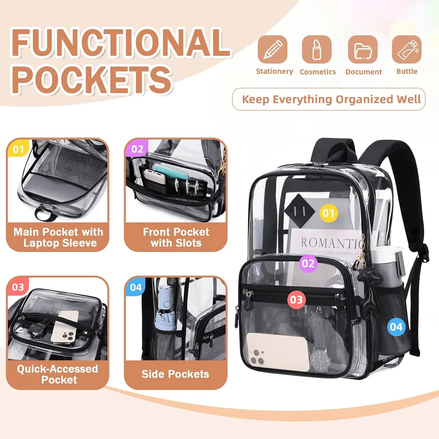 Clear Backpack Heavy Duty Transparent Backpack for School Clear Bags with Wider Shoulder Straps See Through Plastic Bags Sport Events Concert Stadium-Black Transparent