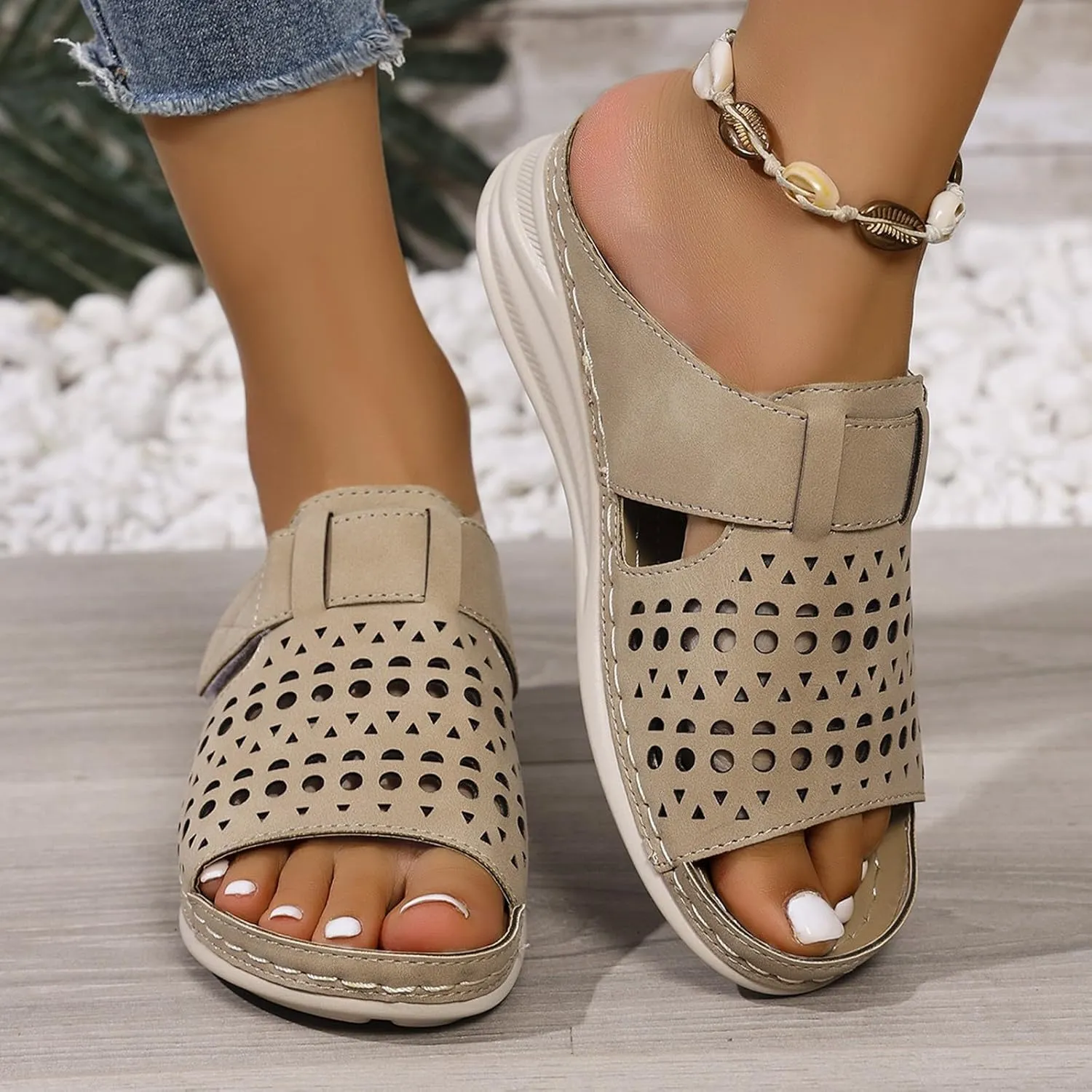 Clogs For Women Open Toe Wedge Sandals With Arch Support Dress Slip On Mules Comfortable Hollow Out Orthopedic Sandals Wide Width Summer Clogs
