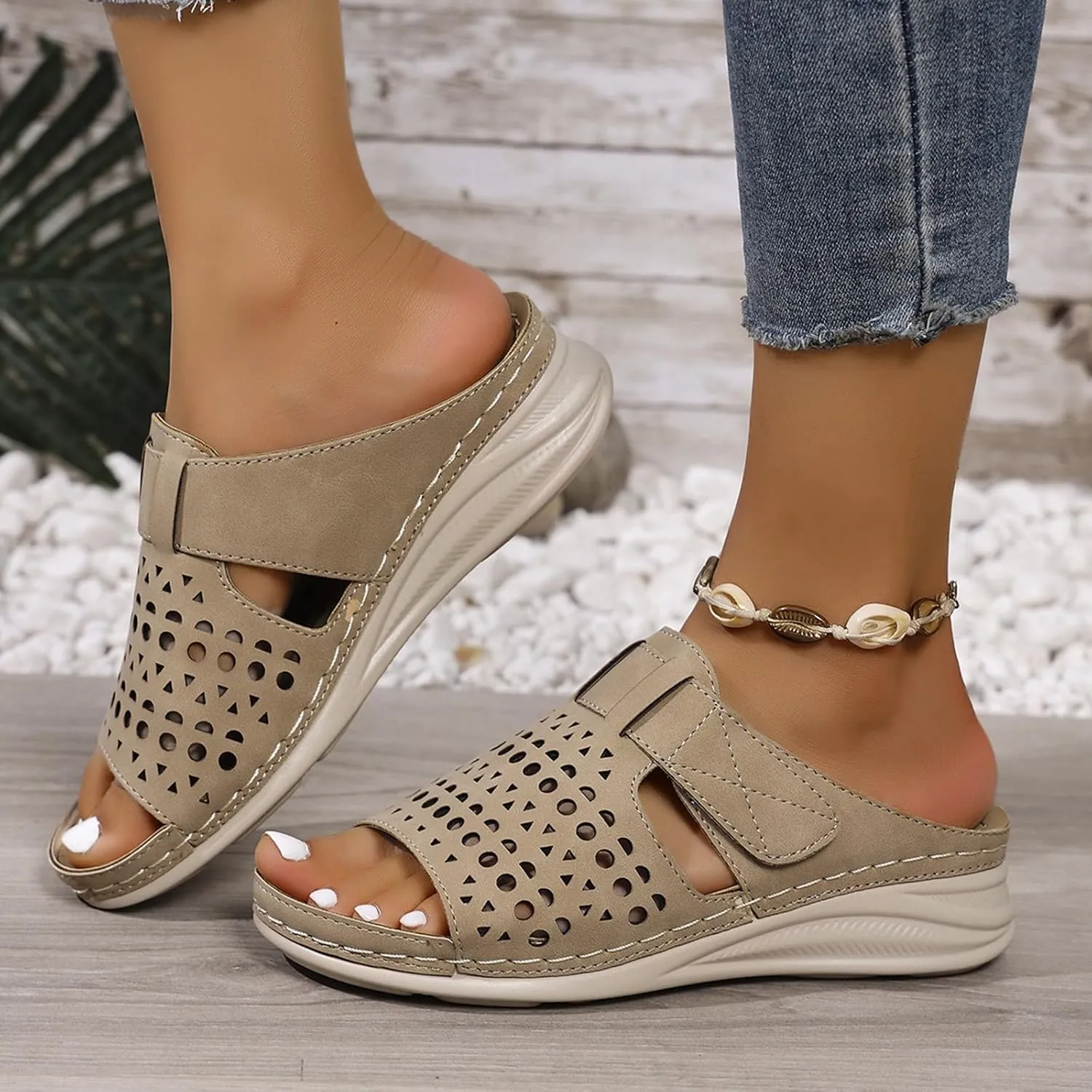Clogs For Women Open Toe Wedge Sandals With Arch Support Dress Slip On Mules Comfortable Hollow Out Orthopedic Sandals Wide Width Summer Clogs