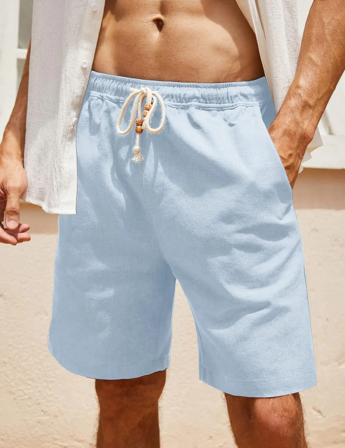 COOFANDY Men's Linen Shorts Casual Elastic Waist Drawstring Summer Beach Shorts