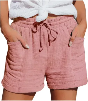 Cotton Linen Shorts for Women Drawstring Elastic High Waist Casual Summer Shorts Lightweight Baggy Comfy Shorts with Pockets