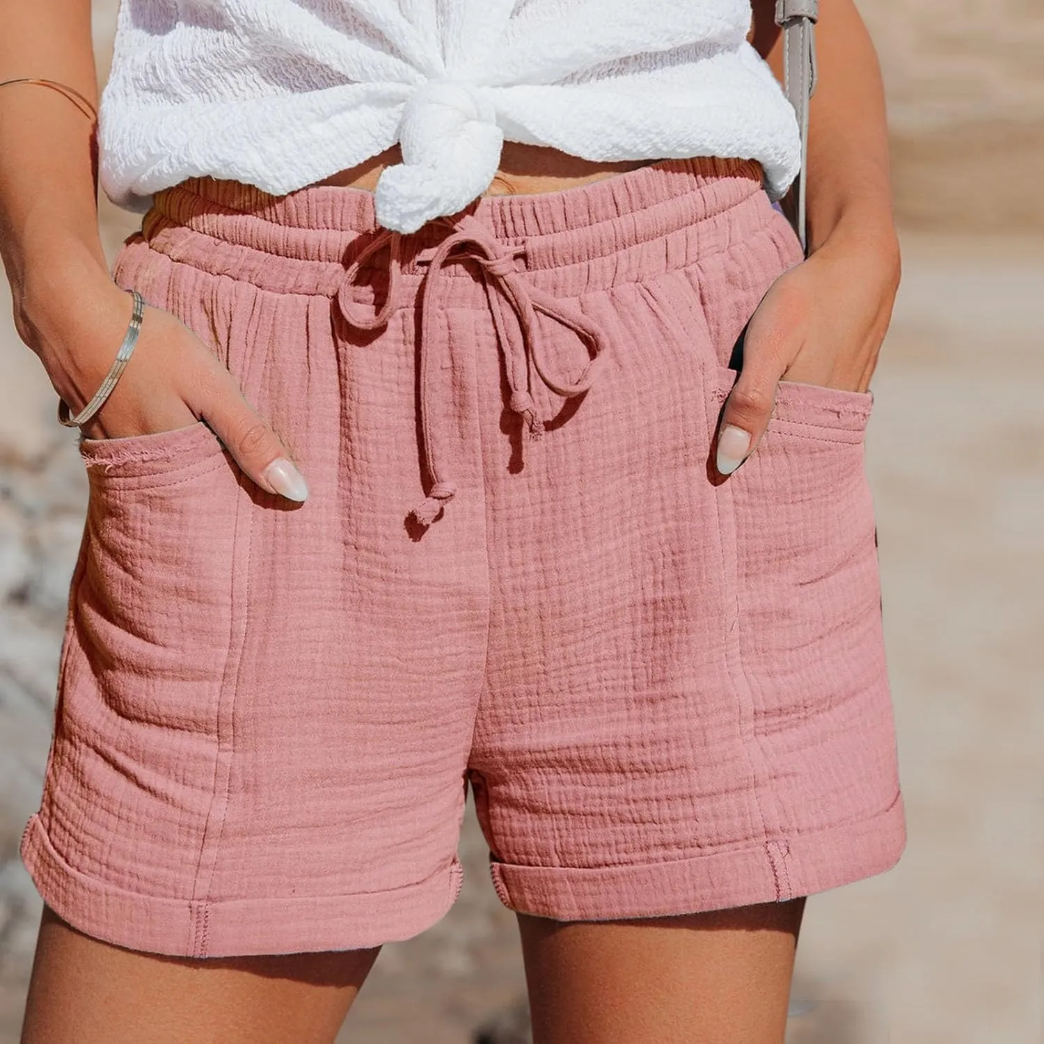 Cotton Linen Shorts for Women Drawstring Elastic High Waist Casual Summer Shorts Lightweight Baggy Comfy Shorts with Pockets