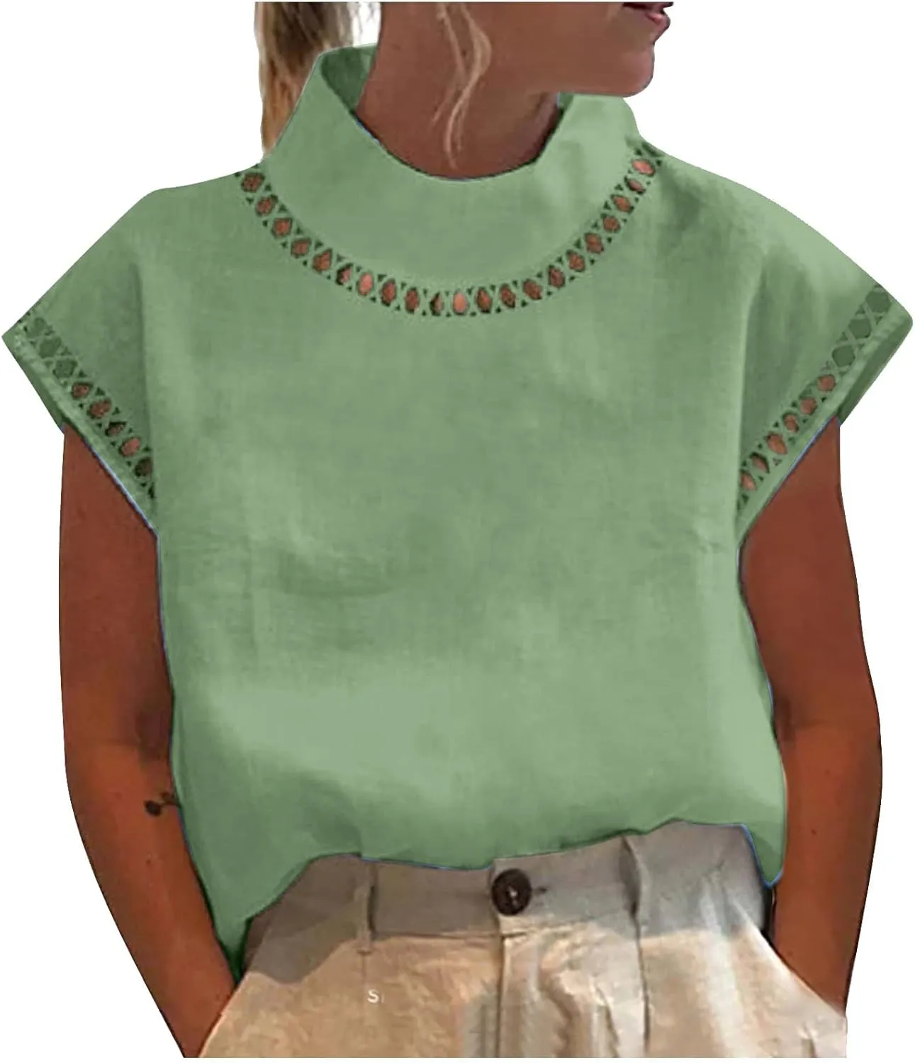 Cotton Linen Tops for Women 2024 Casual Cap Sleeve Summer Shirts Loose High Neck Tshirt Dressy Casual Blouses