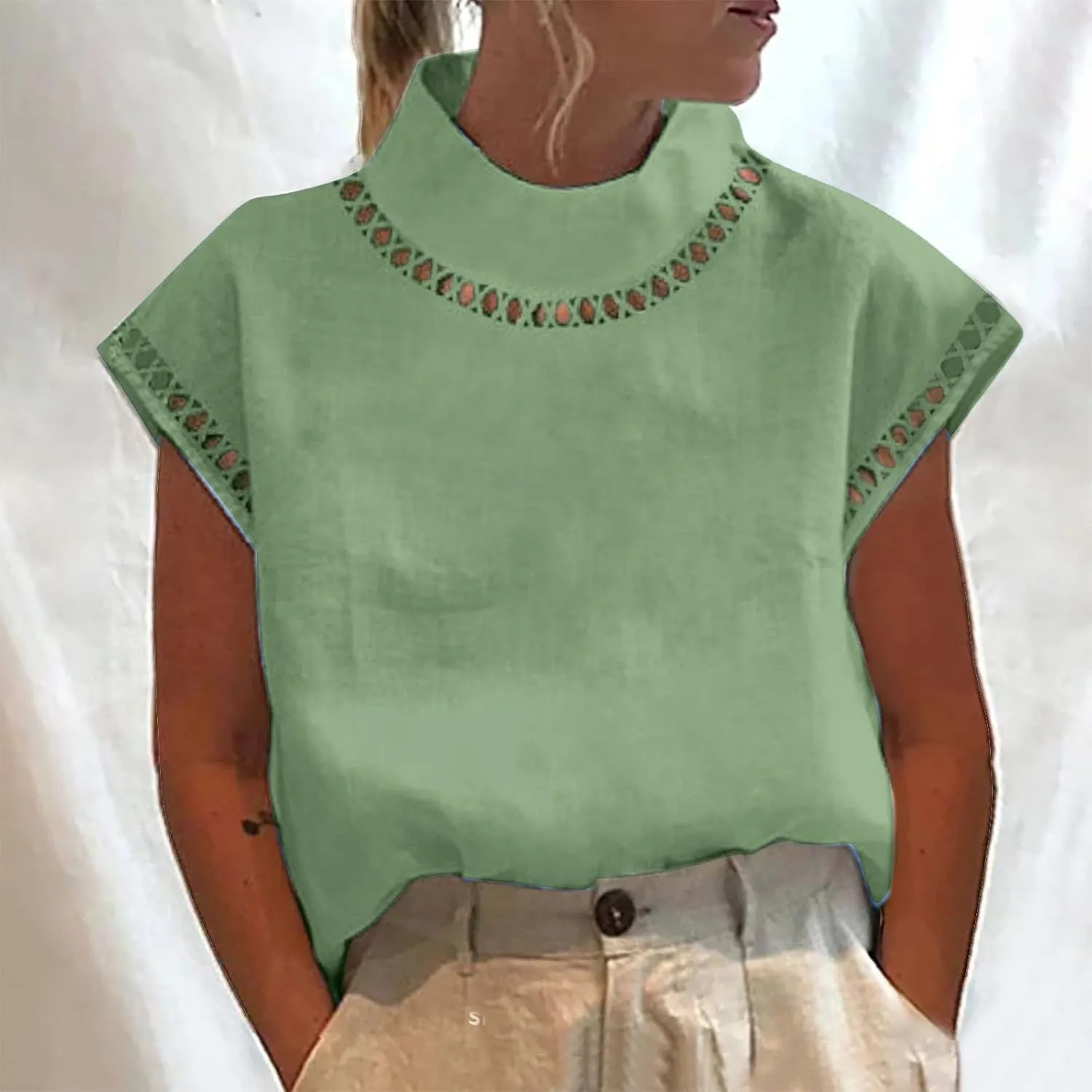 Cotton Linen Tops for Women 2024 Casual Cap Sleeve Summer Shirts Loose High Neck Tshirt Dressy Casual Blouses