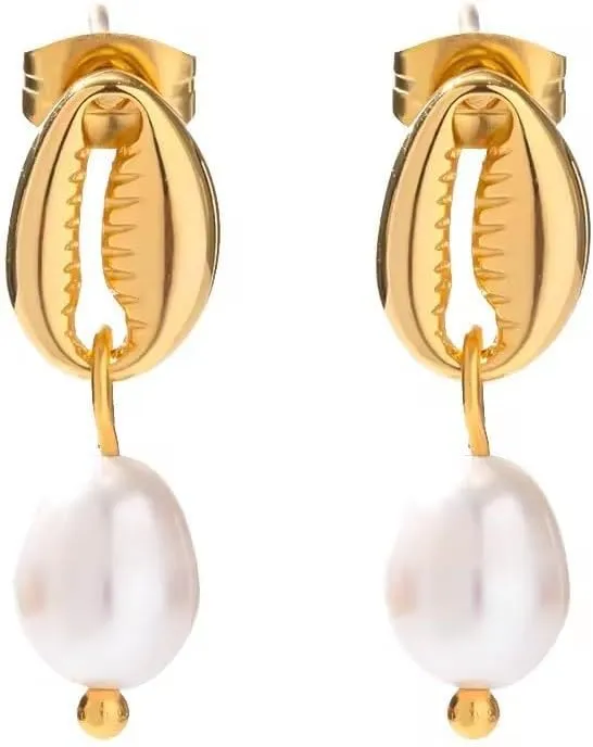 Dainty Freshwater Pearl Shell Dangle Drop Earrings for Women Fashion Gold Plated Sea Shell Summer Holiday Stud Beach Dangling Lightweight Stainless Steel Hypoallergenic for Her