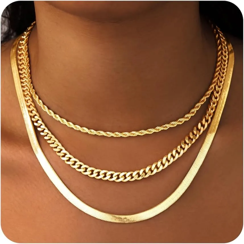 Dainty Herringbone Necklace for Women Trendy,14k Gold Plated Gold Snake Necklace, Gold Chain Layered Rope Cuban Choker Necklaces, Stack Jewelry Set Gift
