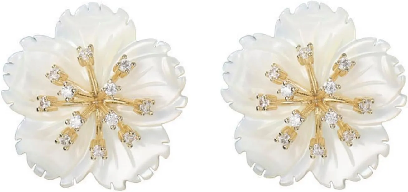 Dainty White Shell Flower Stud Earrings | Gold Plated White Shell Flower Stud Earrings with Clear Cubic Zirconia Fashion Jewelry Gift for Women