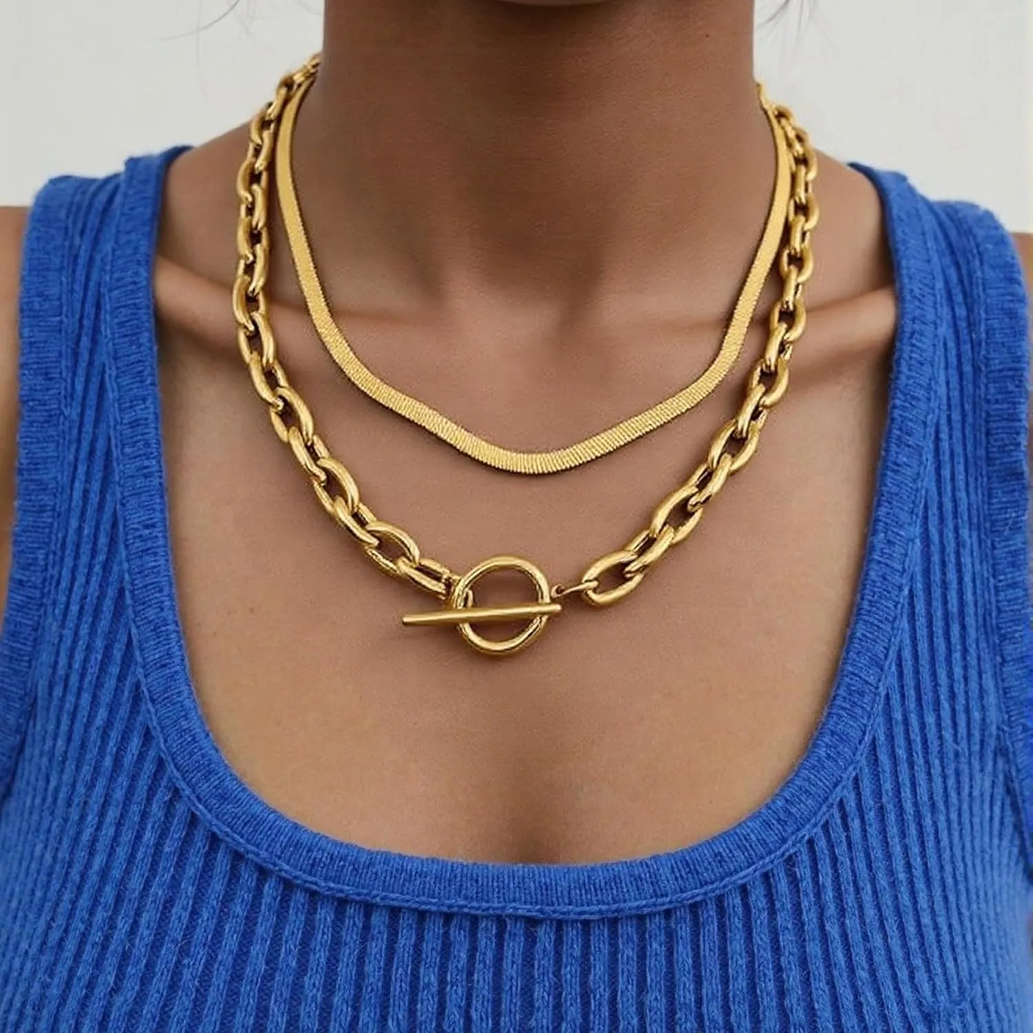 Dcfywl731 Layered Chunky Gold Necklace Paperclip Chain Necklace for Women Toggle Clasp Stacks Cuban Link Chain Necklace Dainty Gold Herringbone Necklaces