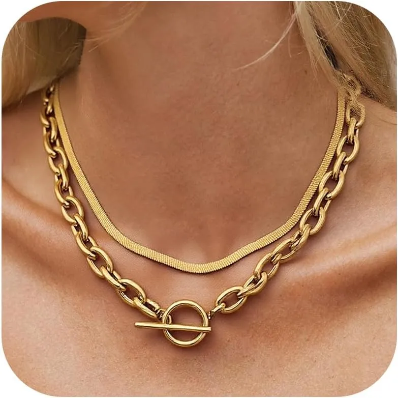 Dcfywl731 Layered Chunky Gold Necklace Paperclip Chain Necklace for Women Toggle Clasp Stacks Cuban Link Chain Necklace Dainty Gold Herringbone Necklaces