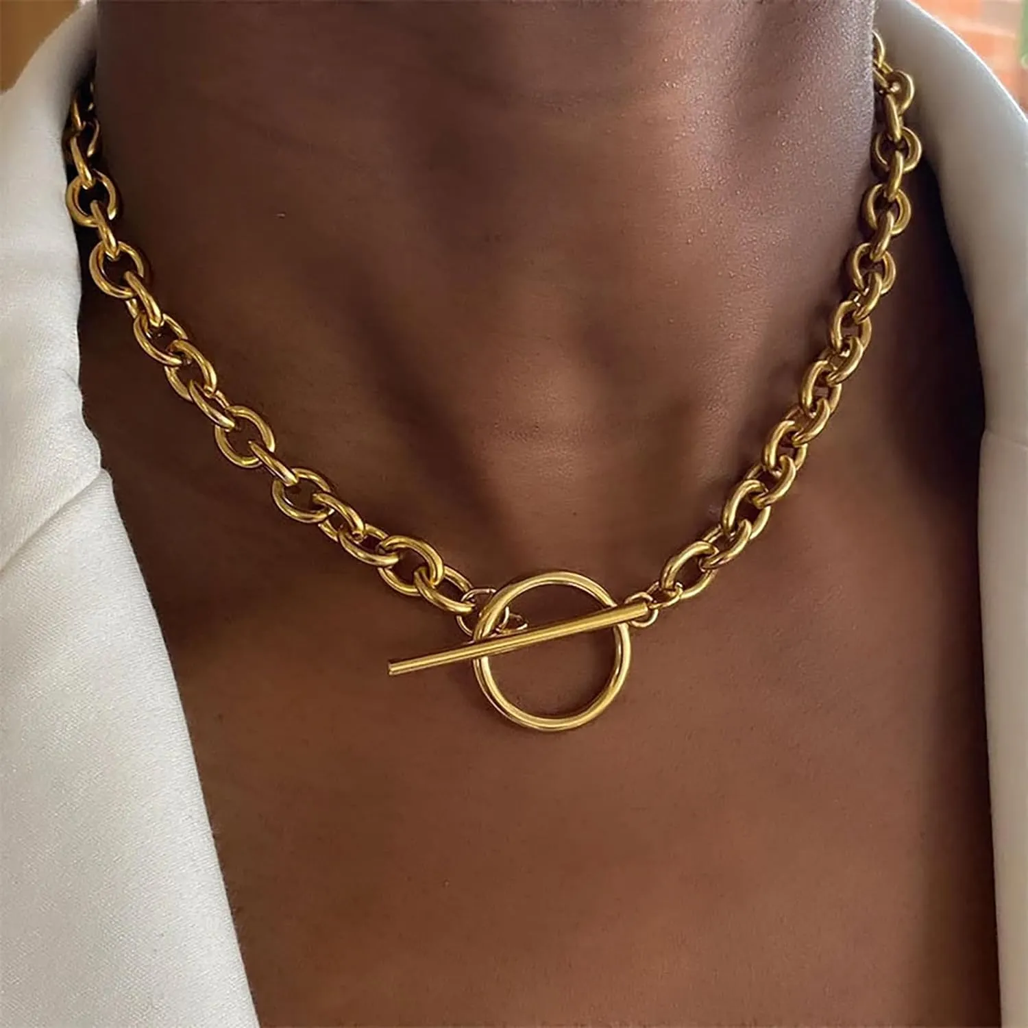 Dcfywl731 Layered Chunky Gold Necklace Paperclip Chain Necklace for Women Toggle Clasp Stacks Cuban Link Chain Necklace Dainty Gold Herringbone Necklaces