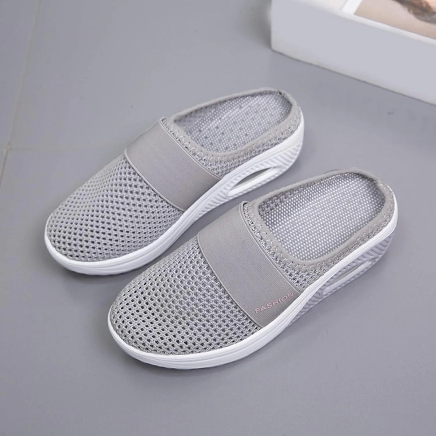 Diabetic Air-Cushion Slip-On Walking Shoes Summer Backless Walking Mules Orthopedic Diabetic Slippers Breathable Mesh Air Cushion Shoe Open Back Slip On Shoe Lightweight Slippers with Arch-Support