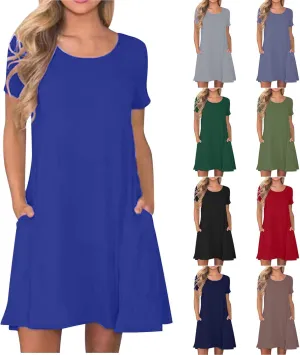 Dresses for Women Simple Solid Color Short Sleeve Sundresses Crewneck Loose Casual Vacation Summer Dresses