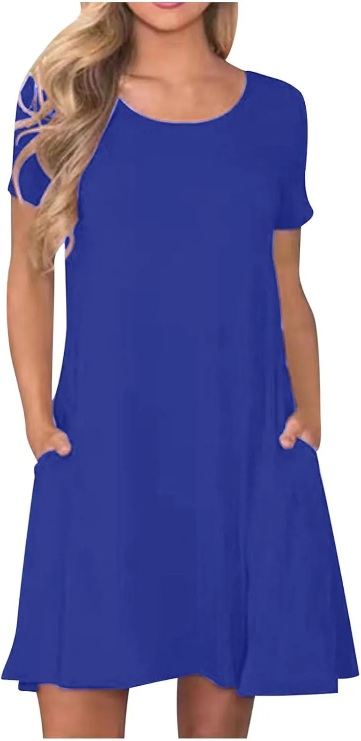 Dresses for Women Simple Solid Color Short Sleeve Sundresses Crewneck Loose Casual Vacation Summer Dresses