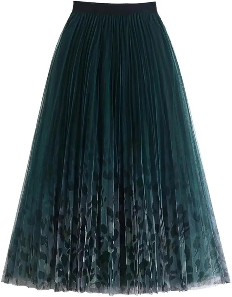 Elegant Gradient Tulle Long Skirt for Women Vintage Print A Line High Waist Pleated Midi Mesh Skirt