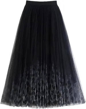 Elegant Gradient Tulle Long Skirt for Women Vintage Print A Line High Waist Pleated Midi Mesh Skirt