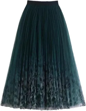 Elegant Gradient Tulle Long Skirt for Women Vintage Print A Line High Waist Pleated Midi Mesh Skirt