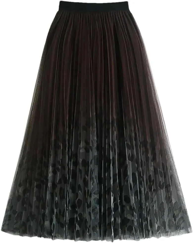 Elegant Gradient Tulle Long Skirt for Women Vintage Print A Line High Waist Pleated Midi Mesh Skirt