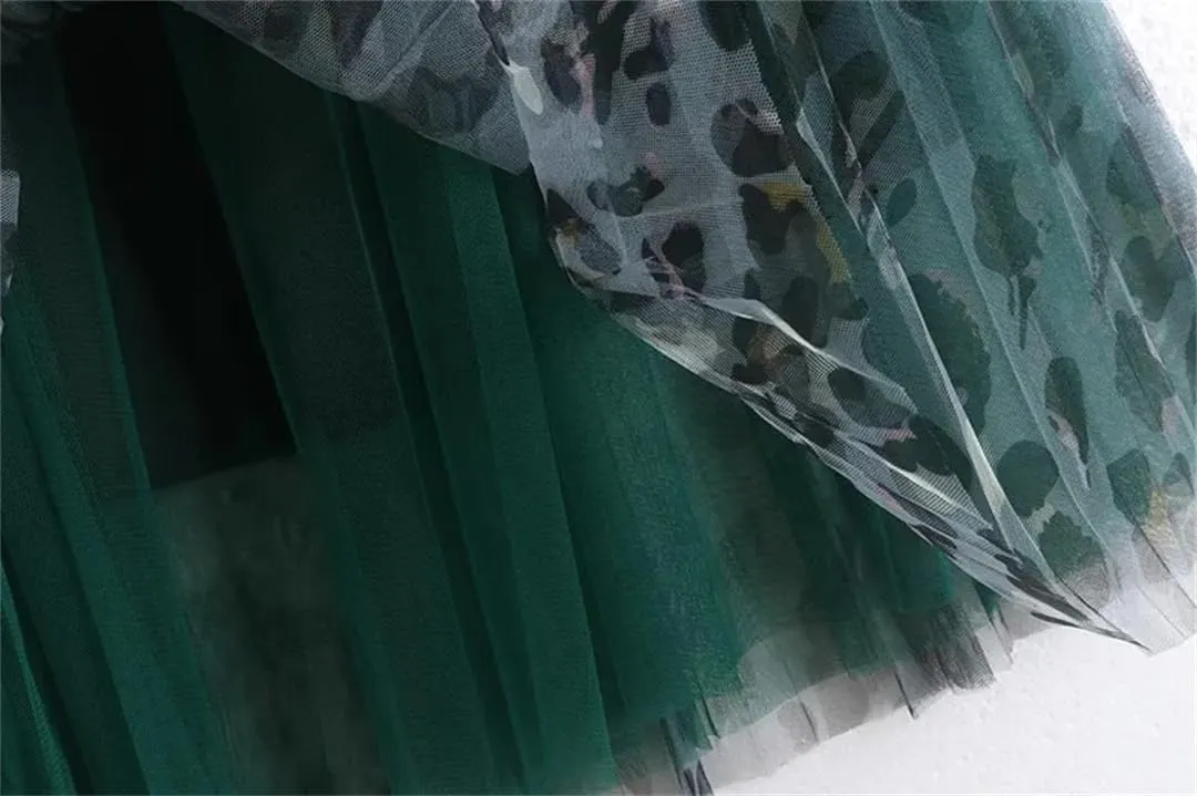 Elegant Gradient Tulle Long Skirt for Women Vintage Print A Line High Waist Pleated Midi Mesh Skirt