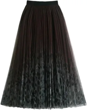 Elegant Gradient Tulle Long Skirt for Women Vintage Print A Line High Waist Pleated Midi Mesh Skirt