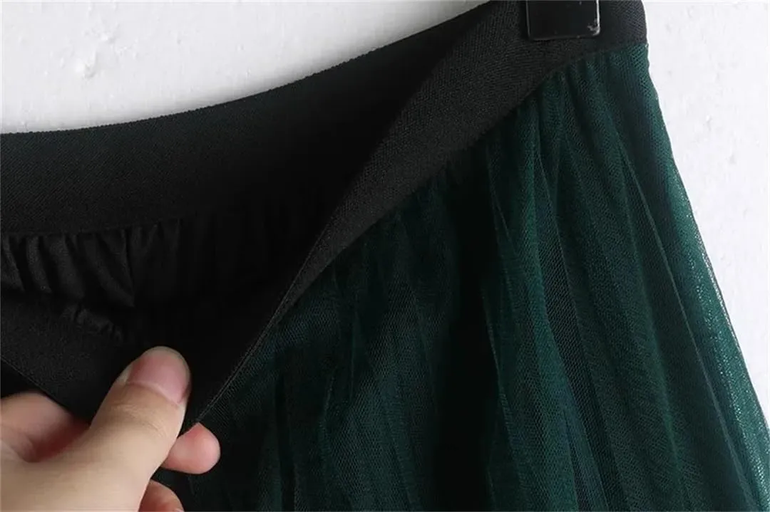 Elegant Gradient Tulle Long Skirt for Women Vintage Print A Line High Waist Pleated Midi Mesh Skirt