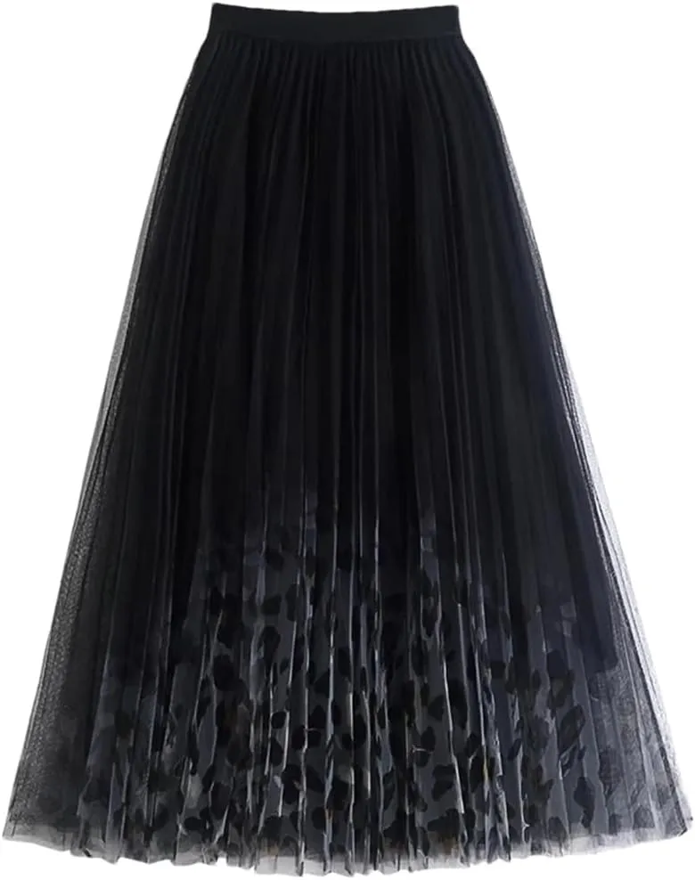 Elegant Gradient Tulle Long Skirt for Women Vintage Print A Line High Waist Pleated Midi Mesh Skirt