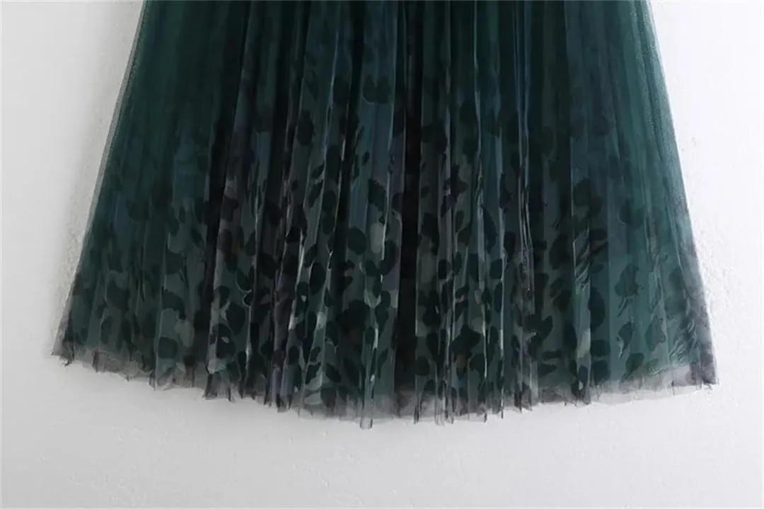 Elegant Gradient Tulle Long Skirt for Women Vintage Print A Line High Waist Pleated Midi Mesh Skirt