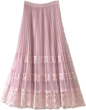 Elegant Lace Tulle Long Skirt for Women Summer Casual Patchwork A Line High Waist Pleated Midi Skirt