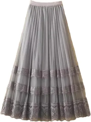 Elegant Lace Tulle Long Skirt for Women Summer Casual Patchwork A Line High Waist Pleated Midi Skirt